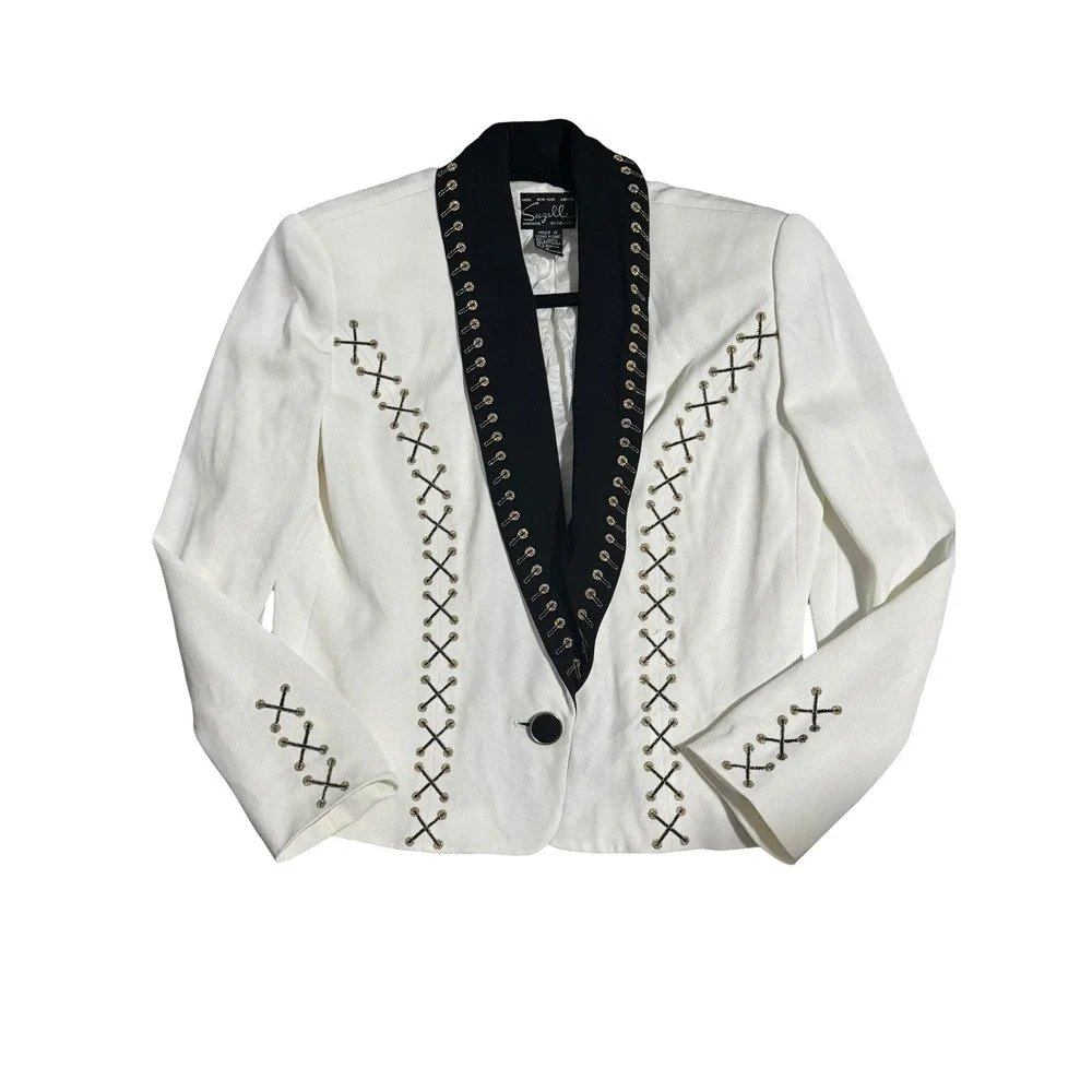 Suzelle VTG Cream Black Embroidered Lace up Blazer sz4 Shawl Collar Western Glam